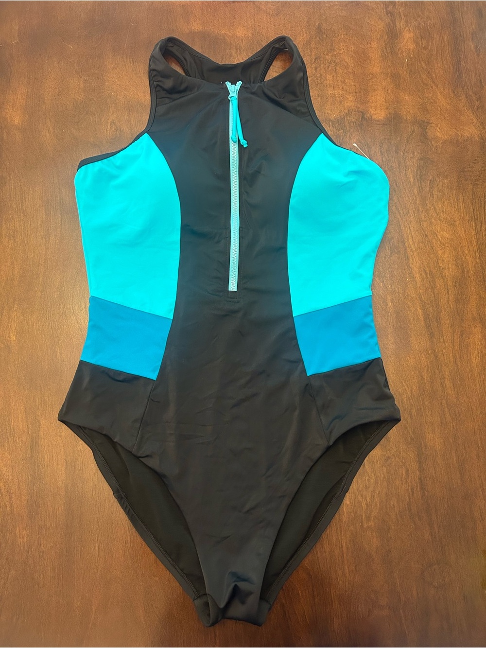 Swimsuits For All Black and Teal Front-Zip Athletic One-Piece